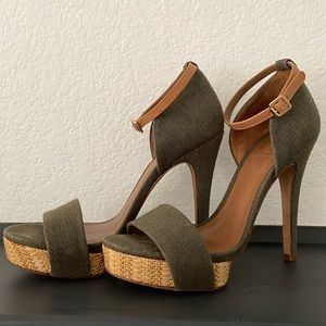 Tory Burch Khaki Canvass Green Olive Strappy High Heels 7